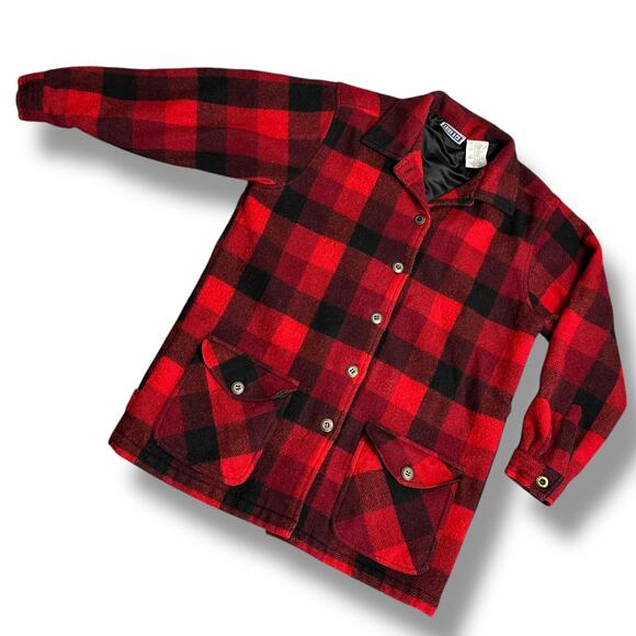 Vintage 90s Women’s Buffalo Plaid Chore Coat Red Black Check Wool Flannel Sz M - Picture 1 of 6